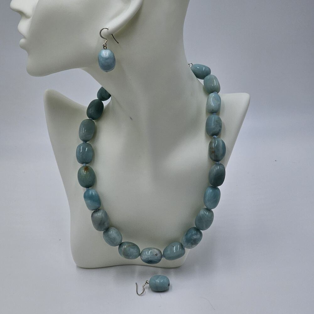 Larimar Blue Stone Bead Necklace & Earrings Set GSJ 925 Sterling